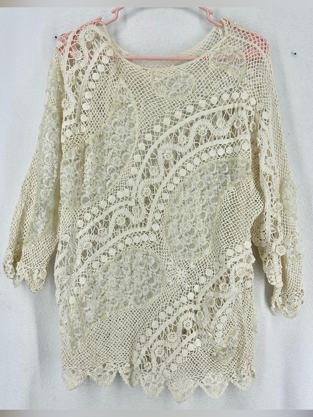 Vintage Crochet Lace Beaded Sequin Boho Tunic Top Womens XL Ivory Sheer Floral